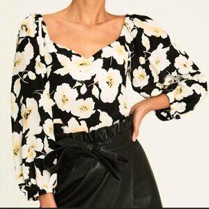 New Ba&sh Fancy Silk Blend Black White Floral Blouse Large $295